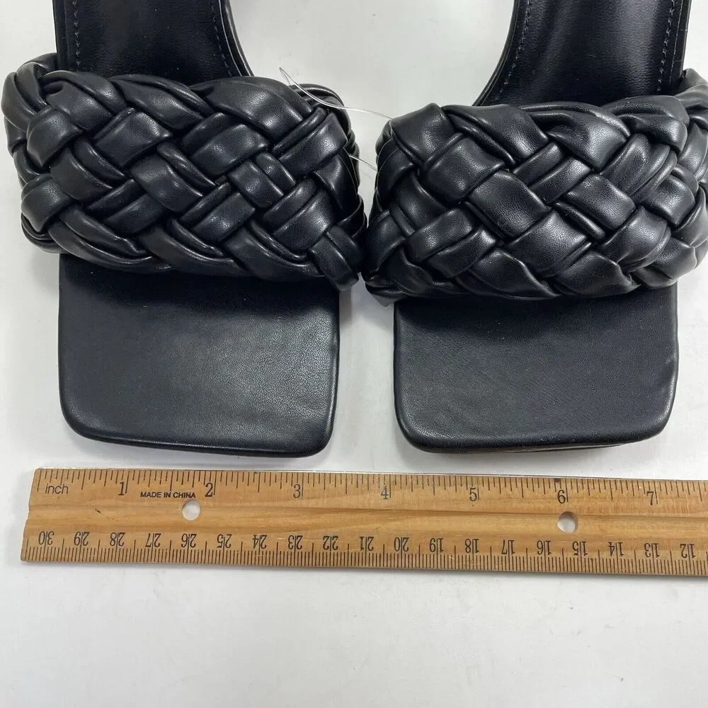 Braided Vegan Leather Square Toe Sandals 4” Womens 6/8.5/9 Black Bella Marie New